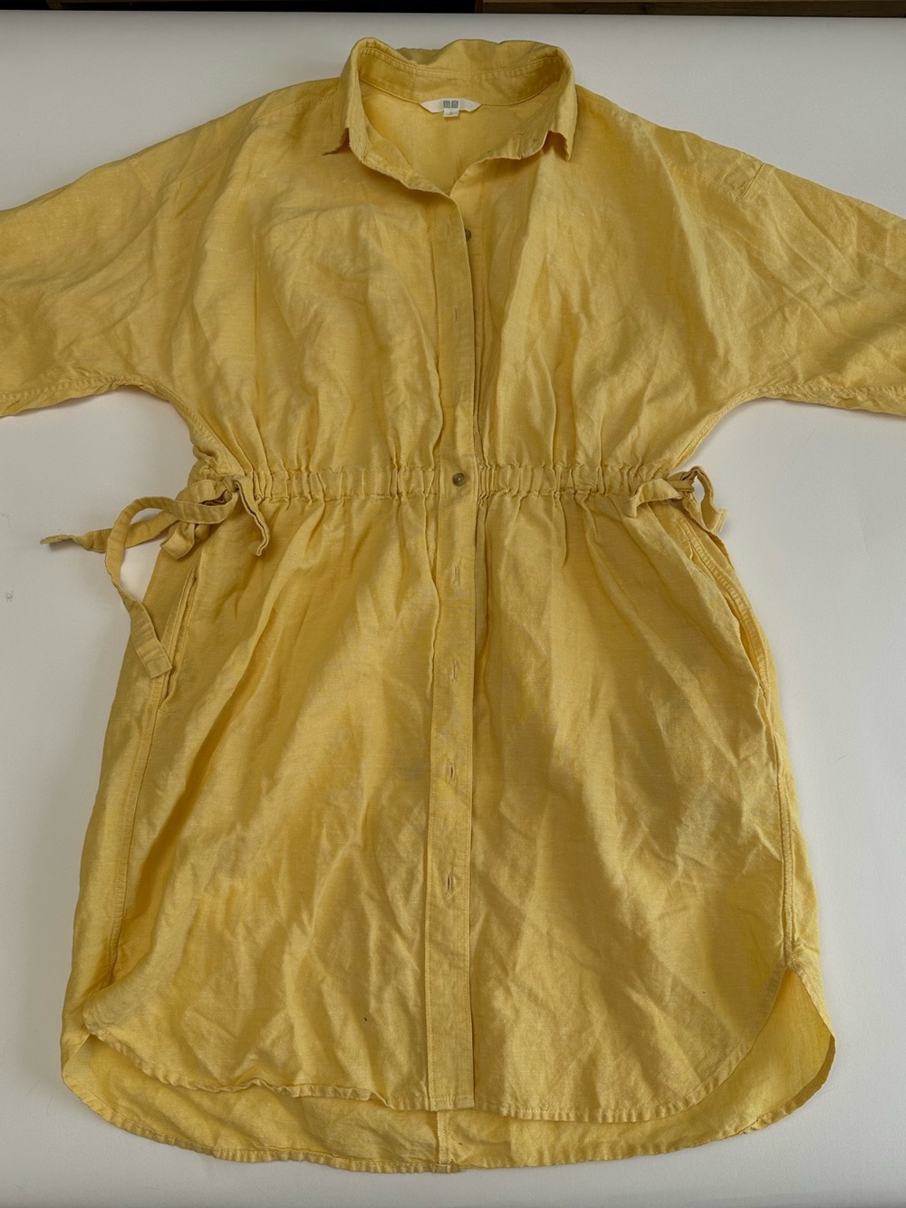 Uniqlo Yellow Linen Cotton Cinch Waist Oversized Shirt Dress S